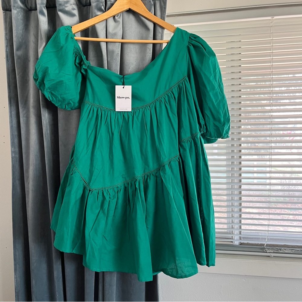 NEW ShowPo Harleen Asymmetrical Puff Sleeve Mini Dress Green Wedding Party Derby - Picture 4 of 11